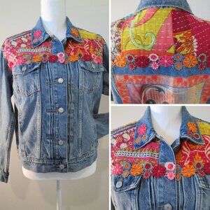 Boho Kantha Denim Jacket, Artisan Crafted Patchwork Distressed Jean Jacket M